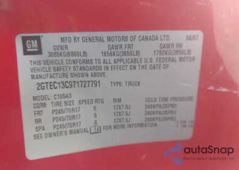 2007 GMC Sierra 1500 Work Truck из США, поврежденный, VIN 2GTEC13C971727791